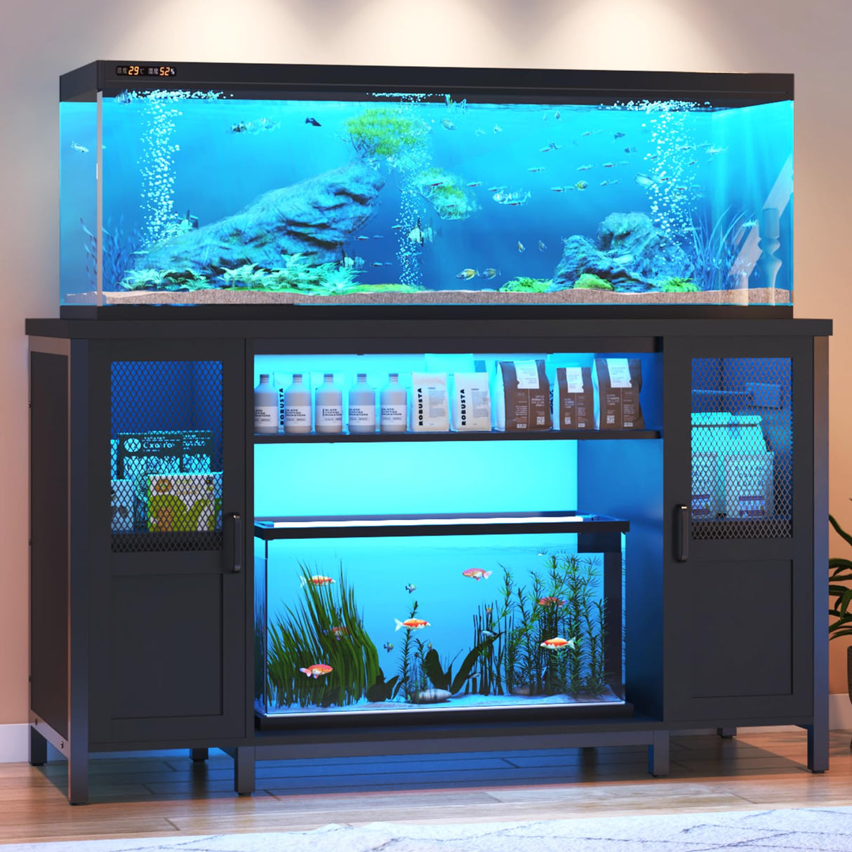 Hlivelood 55-75 Gallon Fish Tank Stand with Power Outlet&LED Light, Heavy Duty Metal Aquarium Stand for 2 Fish Tank Accessories Storage, Suit for Turtle Tank, Reptile Terrarium, 880lbs Capacity, Black Hlivelood