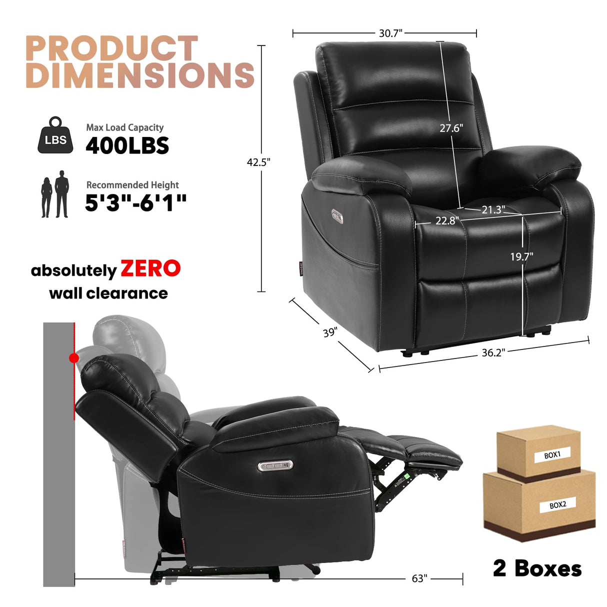 EONIX Real Zero Wall Hugger Recliners, Dual Motor Zero Clearance Power Recliners for Small Spaces, RV Recliner Chair for Living Room with Heat and Massage, SXXY003992, Black EONIX