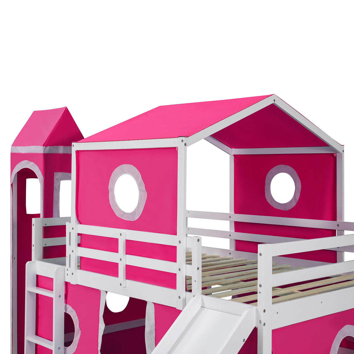 Ball & Cast Full Size Loft Bed with Slide and Tower,Loftkbed w/Ladder & Full-Length Guardrails,Slat Support,No Box Spring Needed,Space Saving,Slat Support,Bedframe for Child's Bedroom,Pink Ball & Cast