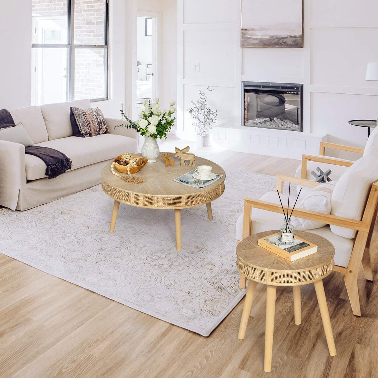 Wnutrees Farmhouse Round Coffee Table, Rustic Sofa Side Tea Tables Nesting Center Table Set with Handmade Rattan for Living Room, French Country Decor, Natural, 2Pack Wnutrees