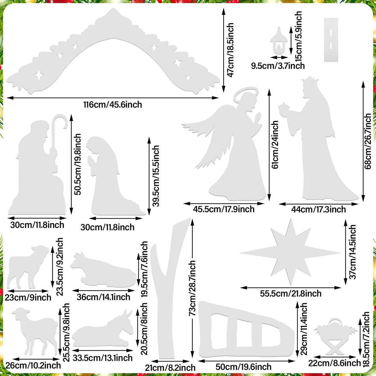 Soaoo Outdoor White Nativity Scene with 2 String Lights Silhouette Yard Sign Display Water Resistant PVC Large Holy Family Yard Nativity Scene Christmas Decor for Xmas Front Lawn Soaoo