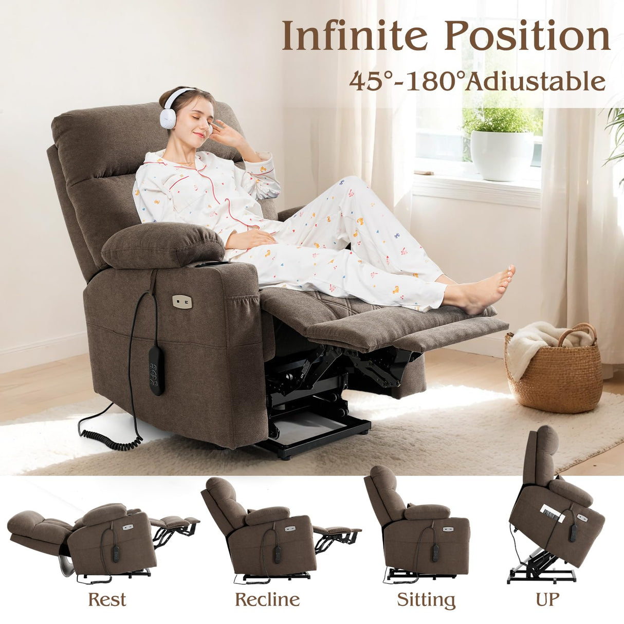 Power Lift Recliner Chair for Elderly with Extended Footrest, Infinite Position Lay Flat Recliner Chair for Adult W/Massage & Heating, Adjustable Headrest, 3-Motor Zero Gravity,Cup Holder, Fabric RESTREAL