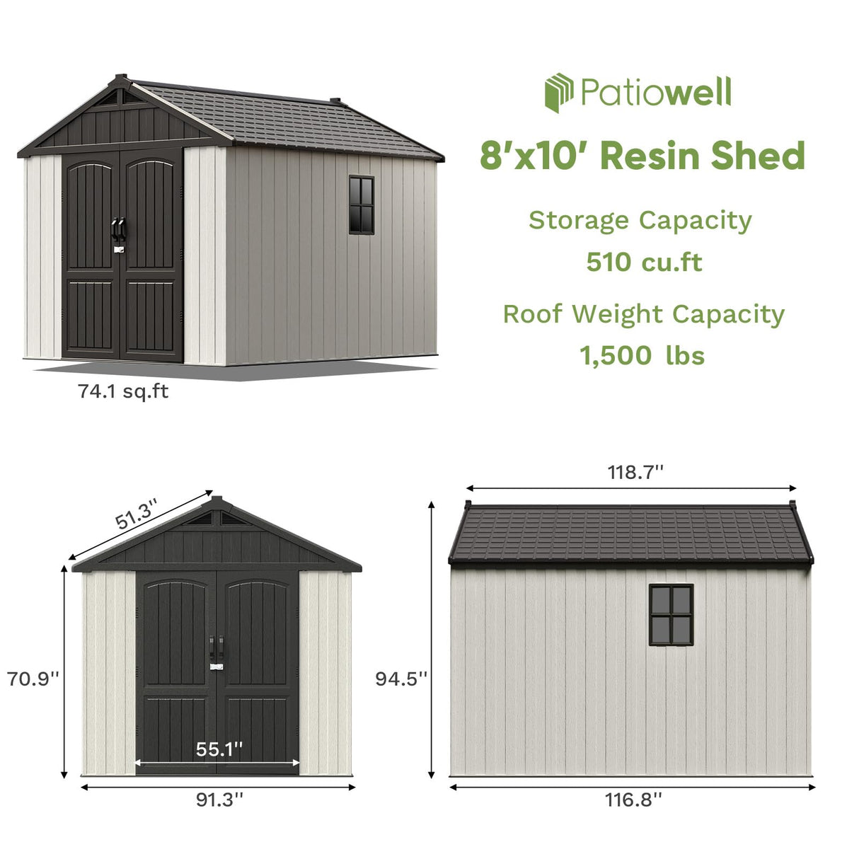 Patiowell 8 x 10 FT Resin Outdoor Storage Shed with Floor, Plastic Shed with Window and Lockable Door for Garden, Backyard, Tool Storage Use, Easy to Install in Beige (Kick-it Shed) Patiowell