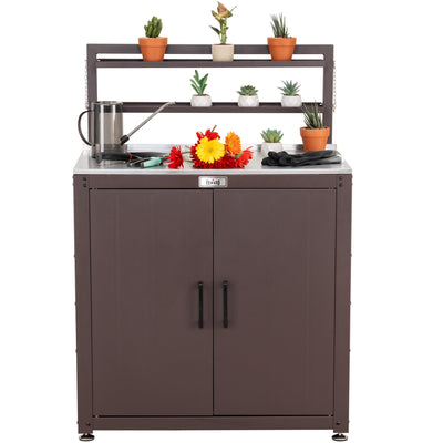 Garden Potting Bench with Storage Cabinet,Outdoor Gardening Table & Work Bench for Plants, Horticulture,Outdoor Workstation with Stainless Steel Tabletop,Outdoor Work Table with Elevated Rack