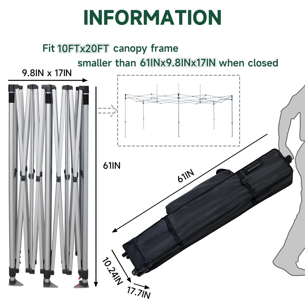 Inlun Outdoor Canopy Portable Folding Bag for 10x20 Pop Up Canopy Tent, Heavy Duty Roller Bag Wheeled Bag, 10x20 FT, Black Inlun Outdoor