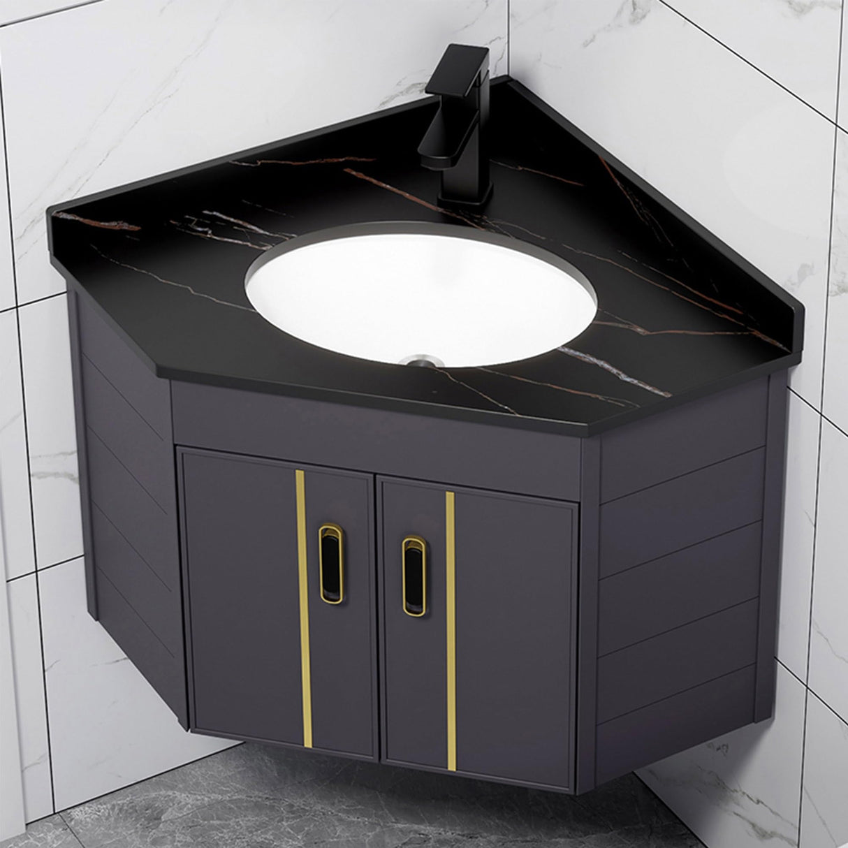 Small Corner Bathroom Cabinet Vanity With Sink Floating Vanity Bathroom Narrow Depth Vanities Lavamanos de Baño Modernos with Top,Hot & Cold Faucet Combo,Storage Space,for Small Space Black/White/Grey JOSIAHCQ