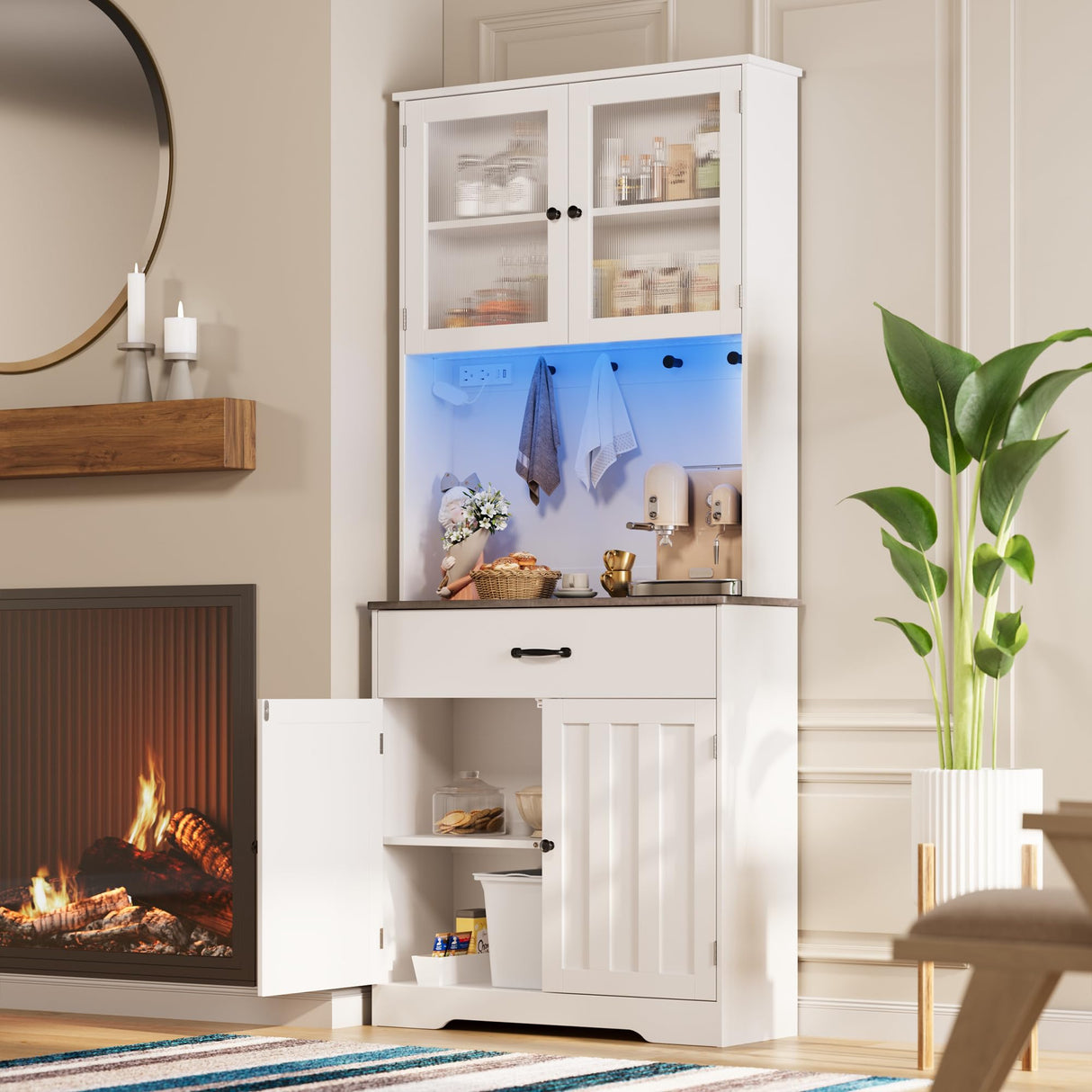 Gizoon 71" H Pantry Cabinet with LED Lights, Tall Farmhouse Kitchen Storage Cabinet with Charging Station, Modern Coffee Bar with Doors and Drawers, for Dining Room, Tabletop-Grey Gizoon