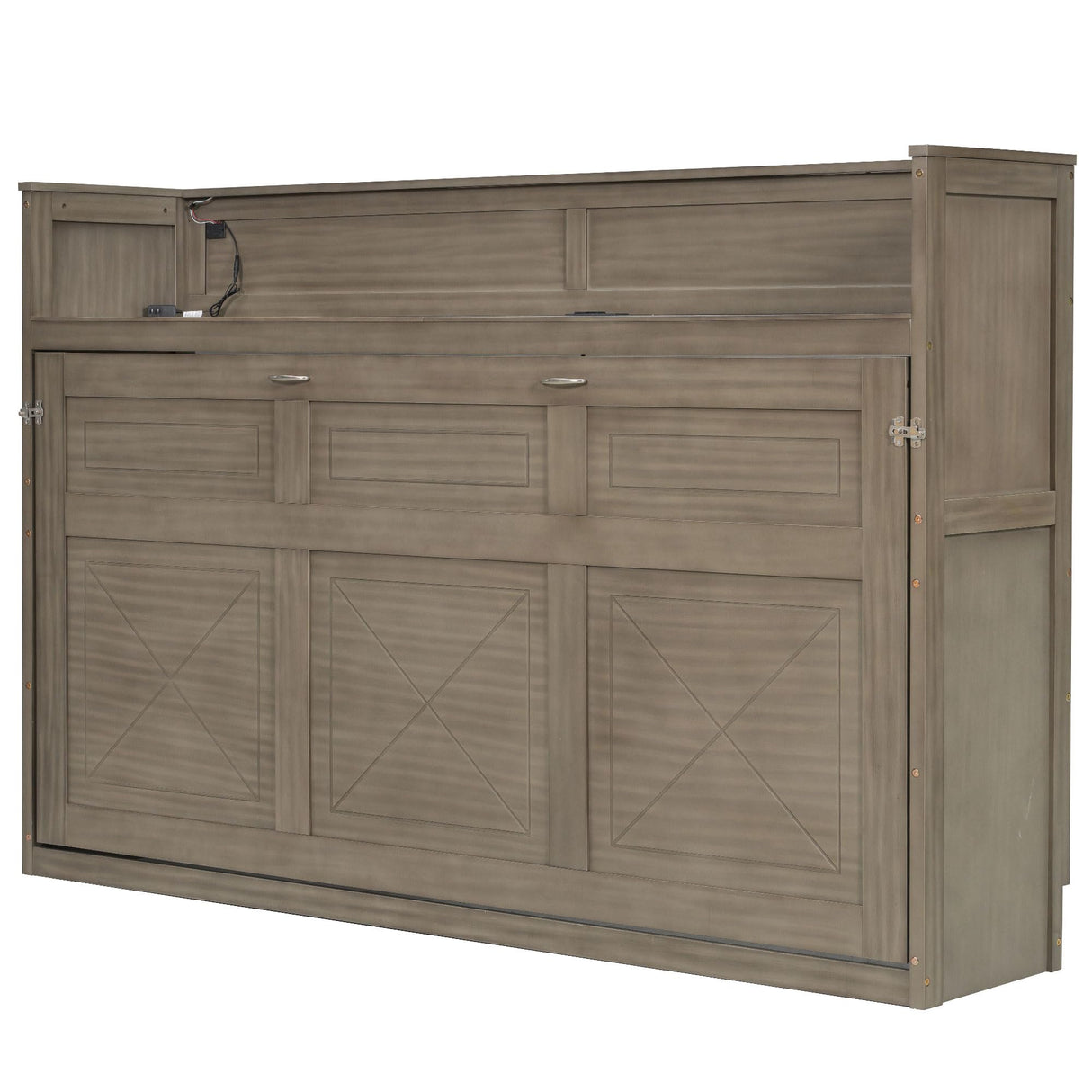 SOFTSEA Twin XL Horizontal Murphy Bed with Desk, LED Lights & Charging Stations, Wood Hideaway Bed Foldable Wall Bed for Small Space, Guest Room, Bedroom, Office, Gray Wash SOFTSEA