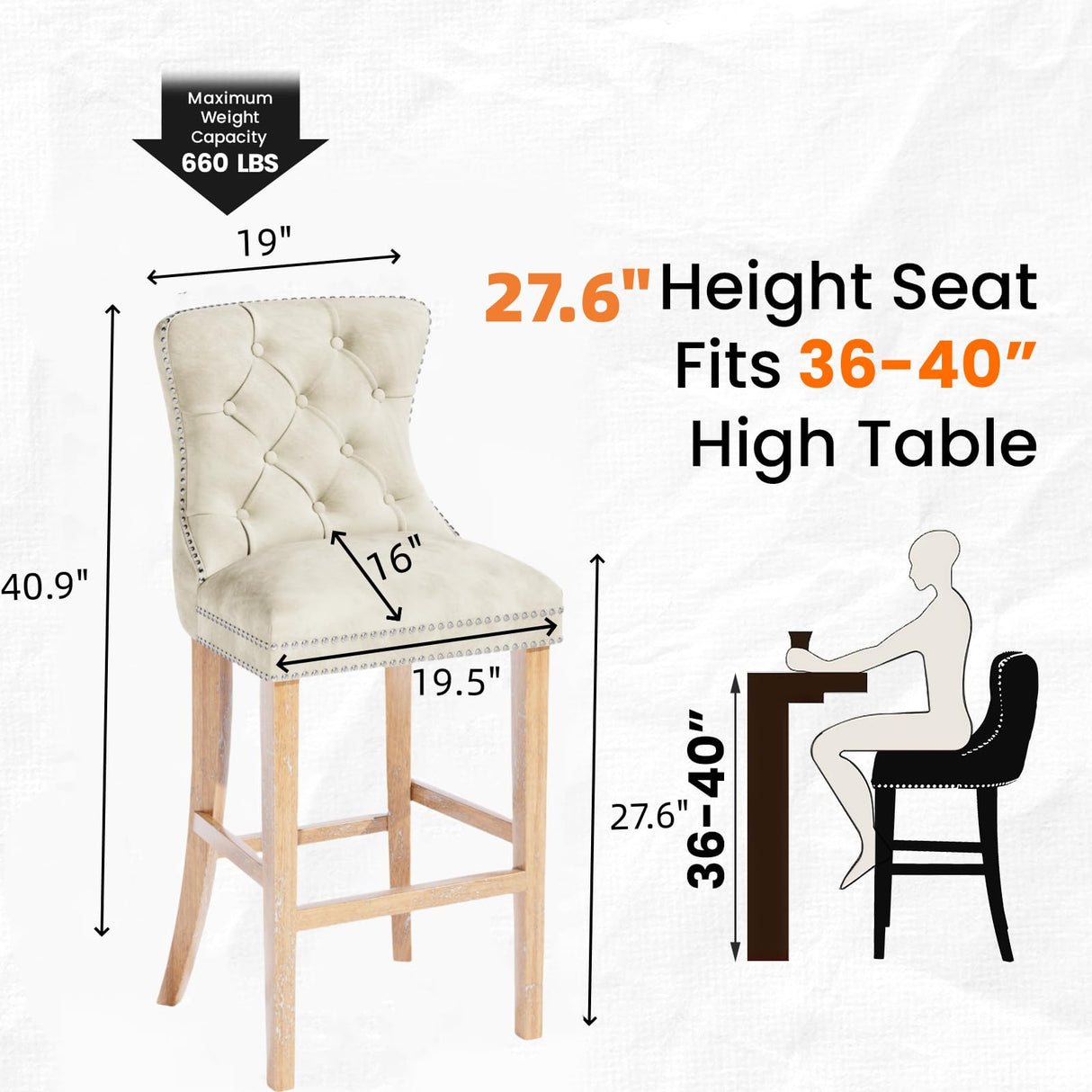 DKLGG 27''H Counter Height Bar Stools Set of 2, Velvet Tufted High Bar Stools with Back and Footrest, Upholstered Bar Tall Chairs for Kitchen Island, Dining Room, Pub(Beige) DKLGG