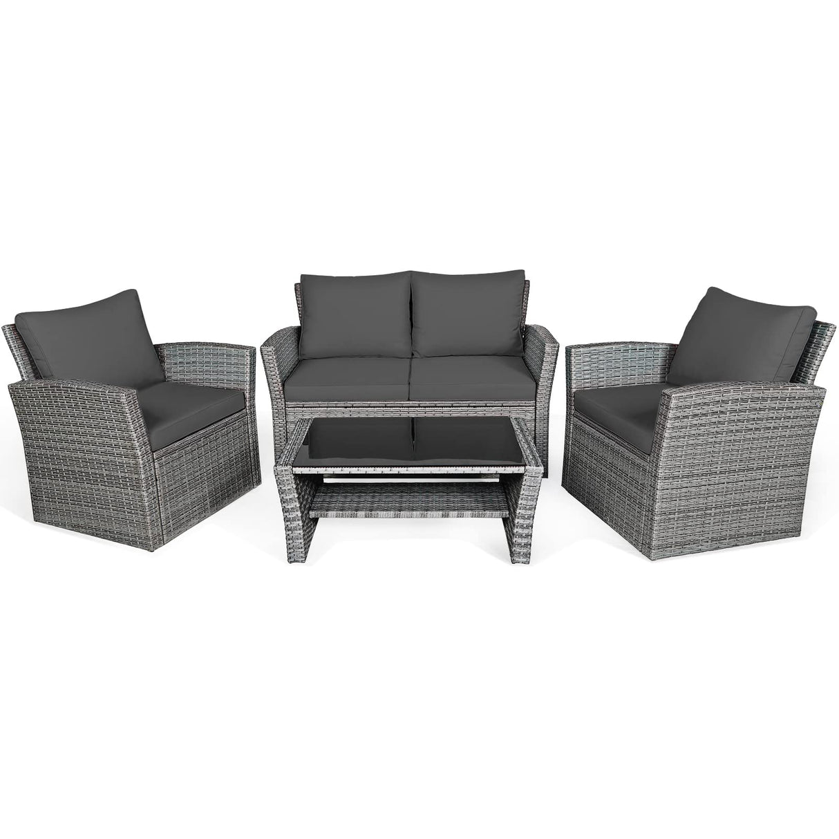 COSTWAY 4 Pieces Patio Rattan Furniture Set, Outdoor Wicker Sofa Set with Tempered Glass Coffee Table, Cushions, All Weather Rattan Conversation Set for Yard Balcony Backyard Pool, Grey COSTWAY