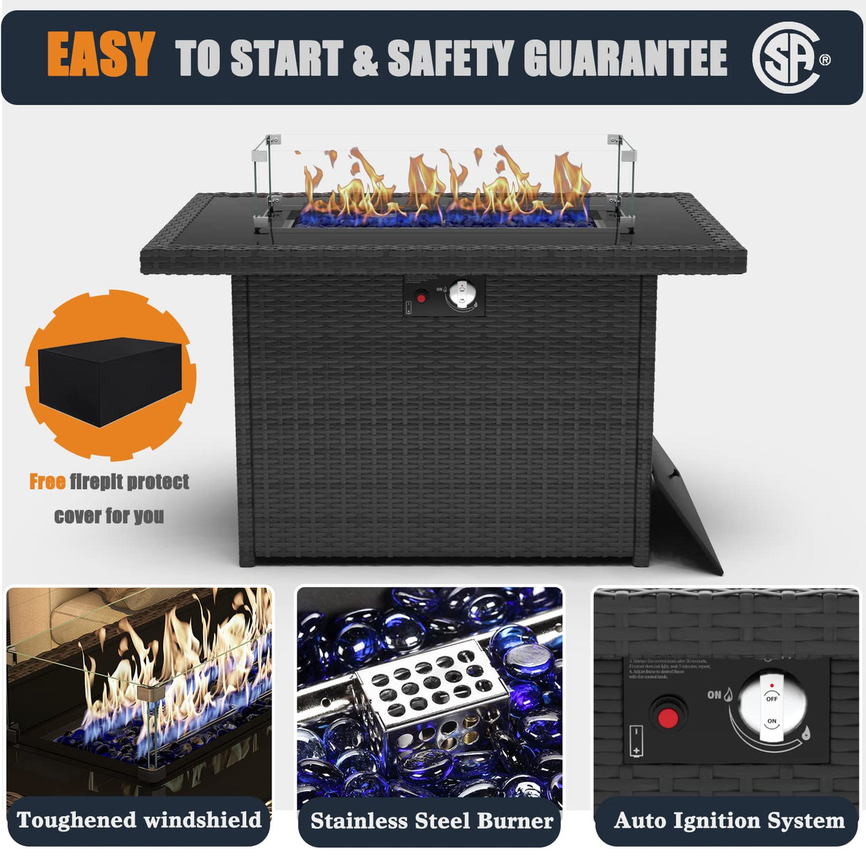 KHOLH 7 Pieces Patio Furniture Conversation Sofa Set with 44" Propane Gas Fire Pit Table, Outdoor Sectional Black Rattan Wicker Sofa Set KHOLH