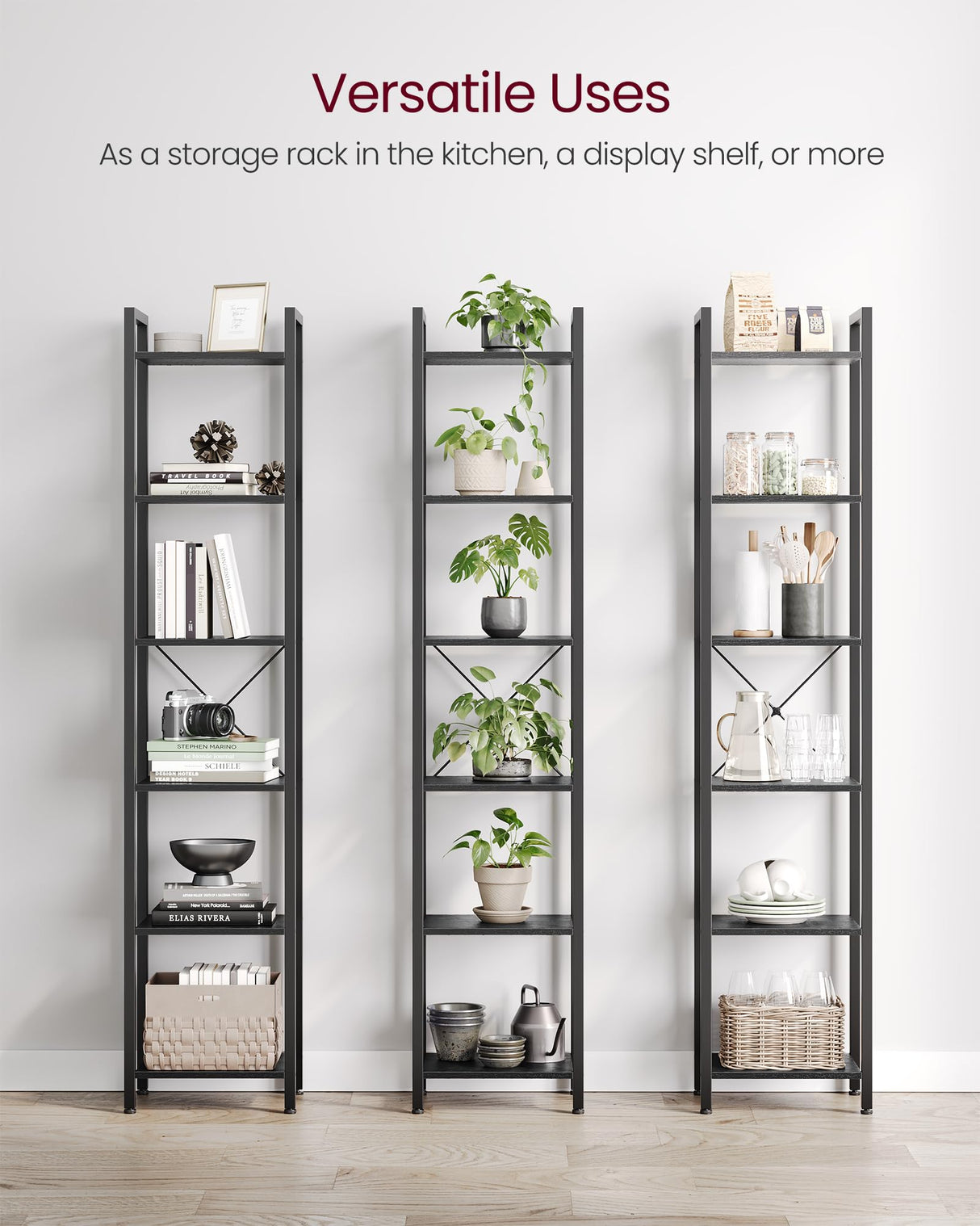 VASAGLE 6-Tier Tall Bookshelf, Narrow Bookcase with Steel Frame, Skinny Book Shelf for Living Room, Home Office, Study, 11.8 x 15.7 x 73.8 Inches, Industrial Style, Ebony Black and Black ULLS101B56 VASAGLE