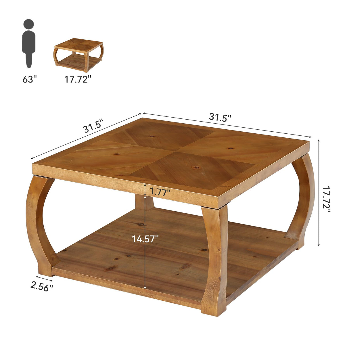 TRIBEWOOD 31.49“ Square Solid Wood Coffee Table, Farmhouse Center Table with Storage, Accent Cocktail Table for Living Room, Brown TRIBEWOOD