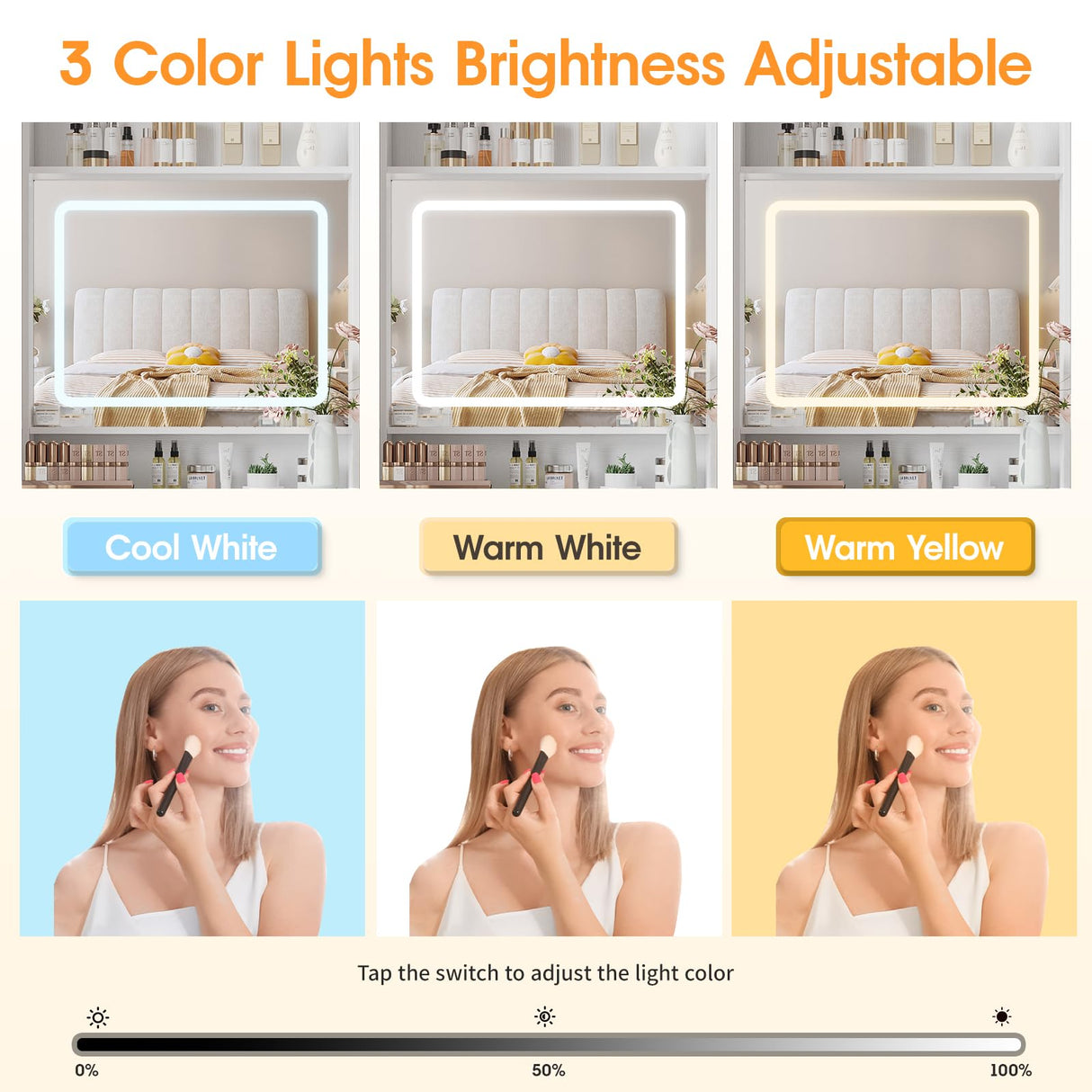 Vabches Make Up Vanity Desk with Mirror and Lights, White Vanity Table Set with Charger Station,Girls Small Vanity and Storage Chair Vabches