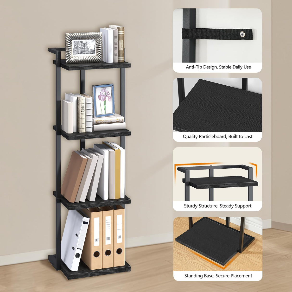 MAHANCRIS Bookshelf, 4-Tier Bookcase, Vertical Tall Narrow Book Shelf for Small Space, Open Storage Display Shelf with Stable Base & Anti-Tip Kits, for Living Room, Office, Study, Black BKBK11401