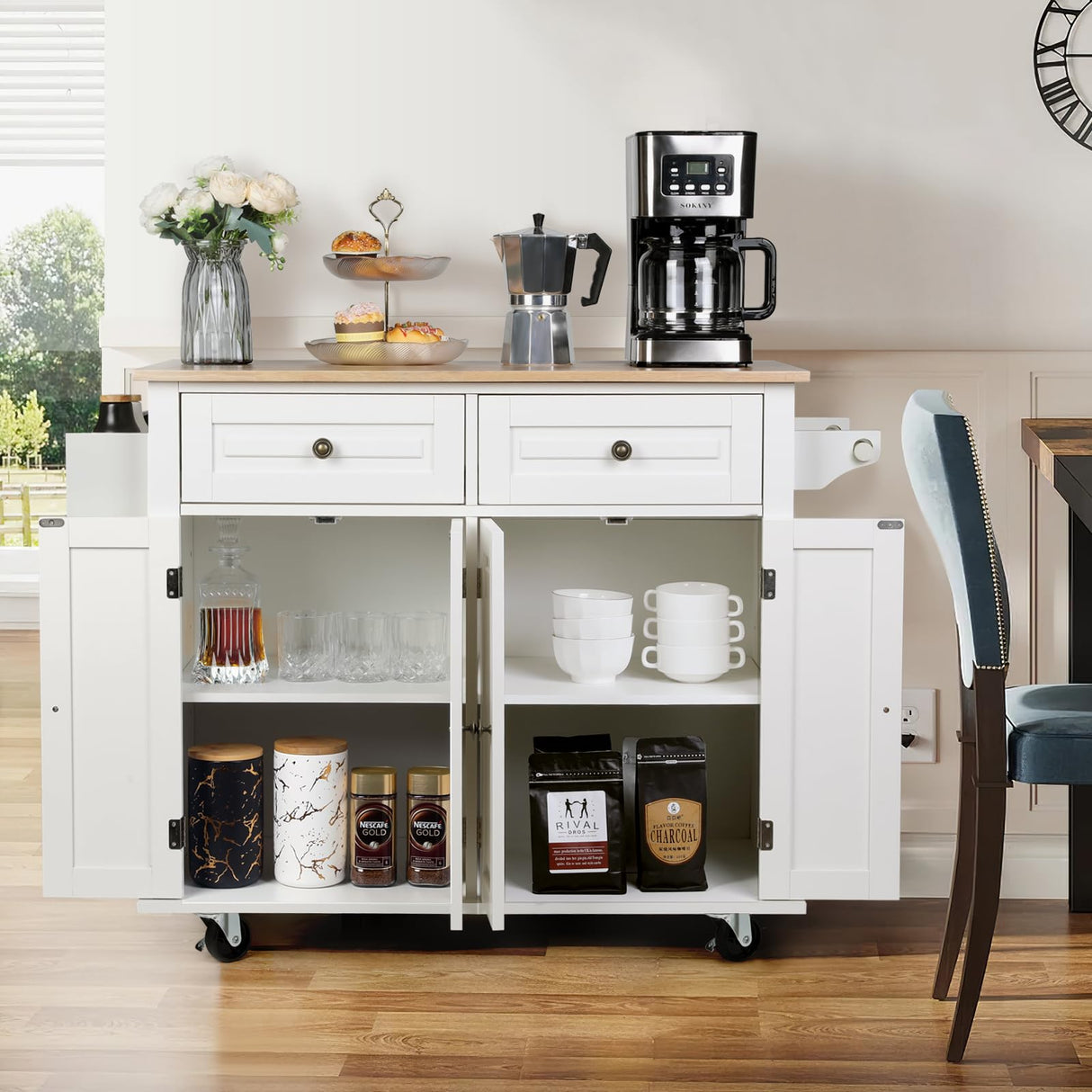 VOWNER 43" Kitchen Island with Drop Leaf, Island Table Kitchen with Storage, Solid Wood Countertop Rolling Kitchen Cart for Kitchen, Living Room VOWNER