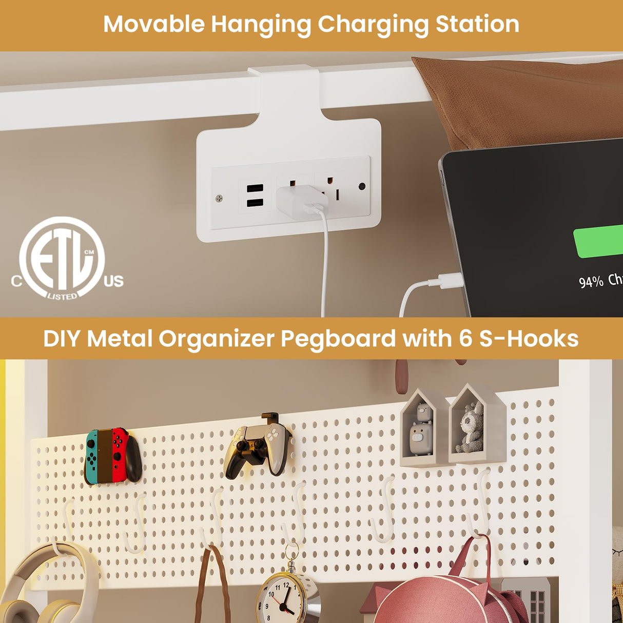 DICTAC Twin Over Full Bunk Bed with 4 Storage Drawers and 3-Tier Open Bookshelf Metal Bunk Bed with LED Lights,Charging Station and Organizer Pegboard,bunk Beds with Safety Guardrail and Ladder,White DICTAC