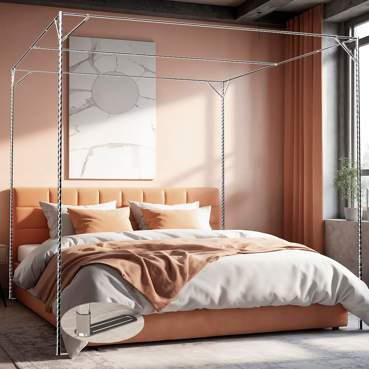 NKM Stainless Steel Adjustable Canopy Bed Frame, Suitable for Twin,Full,Queen and King Size, Thicken Bed Frame Bracket for Metal Bed or Wood Bed Mosquito Curtains Bedroom décor NKM