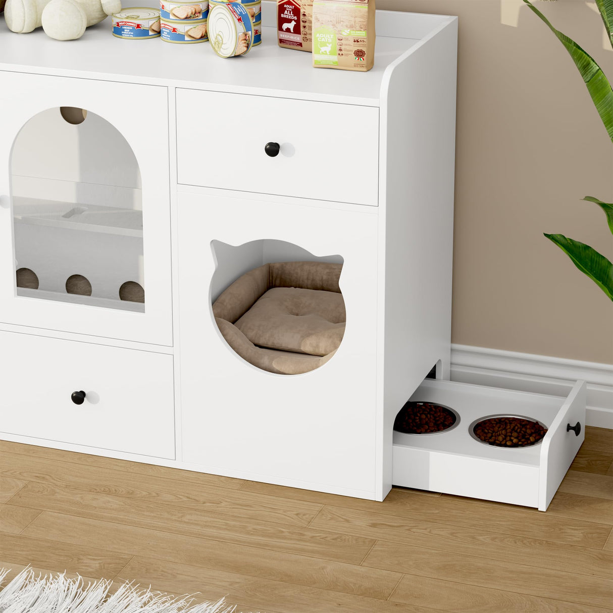 FACBOTALL 55.1" Cat Litter Box Enclosure, Furniture Hidden With Scratcher, Storage Cabinet With Bowls, Wooden Pet Crate House With Storage Spaces, Indoor House Furniture FACBOTALL