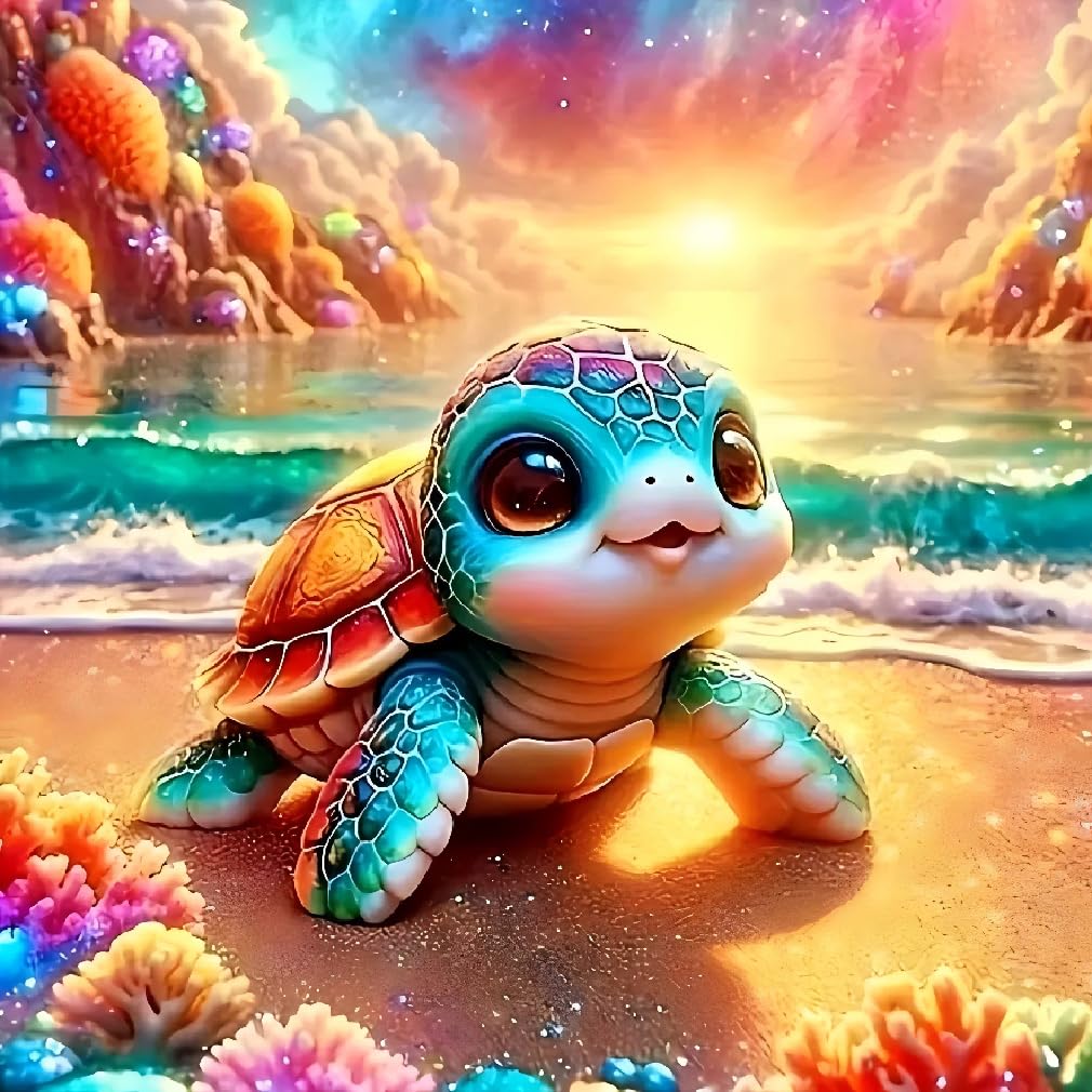 AOSGEDY Adorable Sea Turtle Beach Diamond Painting Kits for Adults, 5D Seaside Sunset/Flowers Diamond Art Kits for Beginners, DIY Full Drill Paint with Diamond, Home Wall Decor 14 x 14 Inch AOSGEDY
