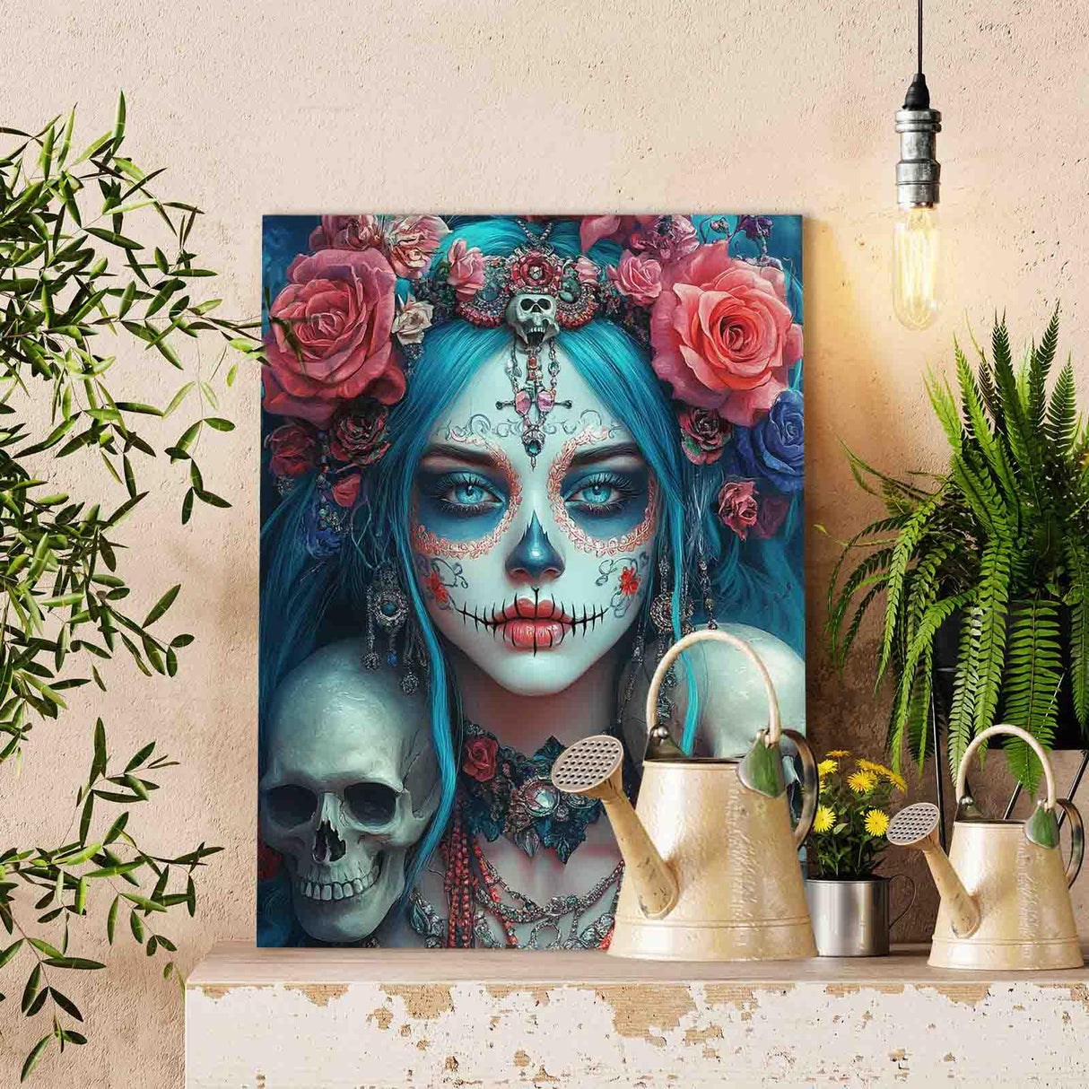 Tucocoo Day of The Dead Blue Hair Woman Sugar Skull Paint by Numbers Fantasy Art Floral Skulls Roses Paint by Number Kit for Adult, with Brushes and Acrylic Pigment 16''W X 20''H (Without Frame) Tucocoo