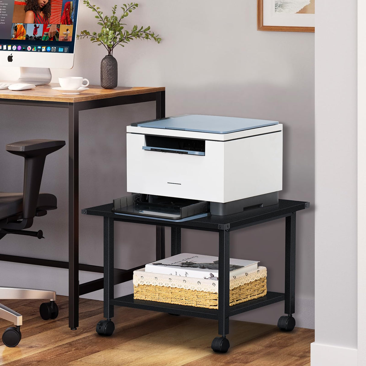Lerliuo Under Desk Printer Stand, 2-Tier Industrial Mobile Printer Table with Storage Shelf and Steel Frame, Rolling Printer Cart Holder with Lockable Wheels for Home, Office (Black) Lerliuo