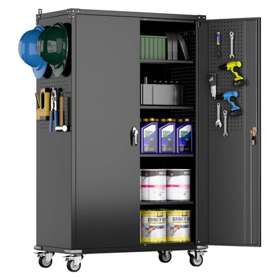 2025 Upgraded Wide & Deep Garage Storage Cabinet with Wheels, Lockable Metal Storage Cabinet with Pegboards and 9 Hooks, 2 Tool Pouches for Garage,4 Adjustable Shelves (Black,43''W x 22''D x 72''H)