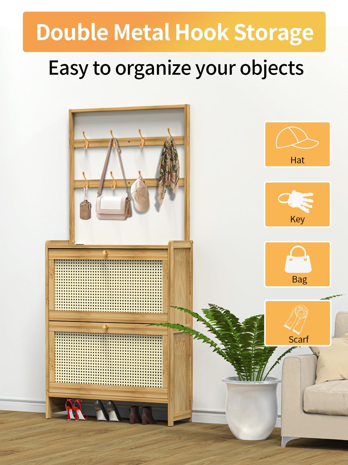 Maiproo Bamboo Shoe Cabinet Rattan with Hanging Rack Hidden Shoe Storage Cabinet Narrow Wood Freestanding Organizer with 2 Flip Drawers Adjustable Panel for Entryway Hallway Light Brown Maiproo