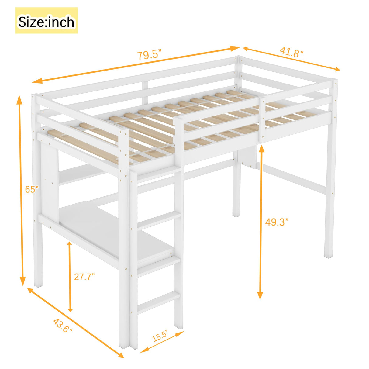 KEIKI Twin Loft Bed with Built-in Desk and Bookcase of Three compartments, Guardrails and Ladder,White KEIKI