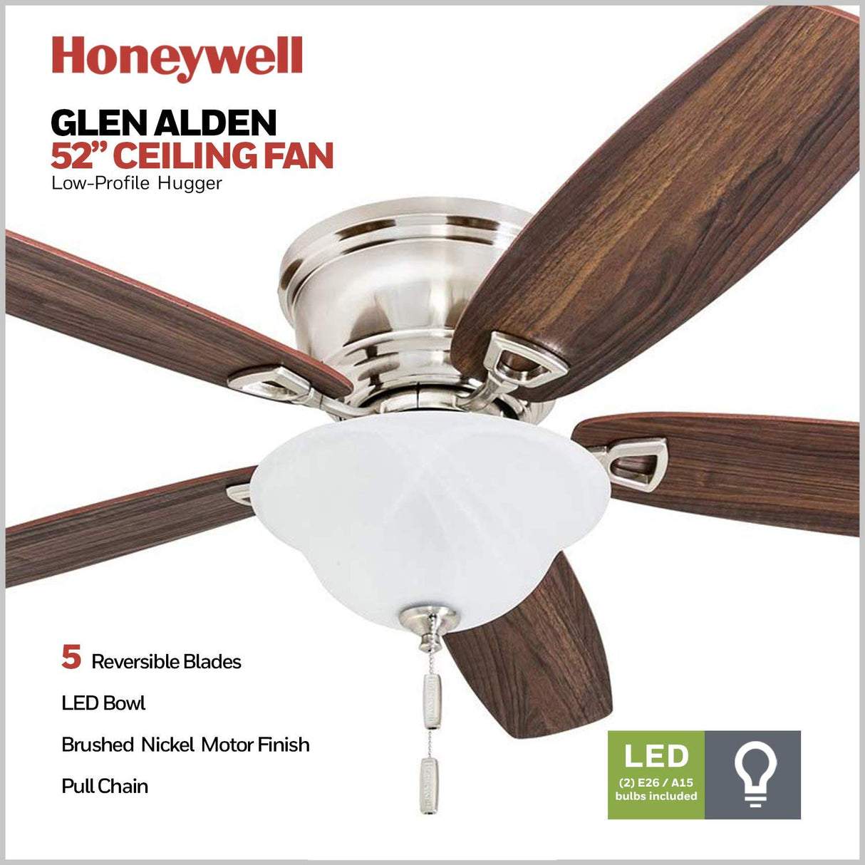 Honeywell Ceiling Fans Glen Alden, 52 Inch Classic Flush Mount Indoor LED Ceiling Fan with Light, Pull Chain, Quick-2-Hang Dual Finish Blades, Reversible Motor - 50519-01 (Brushed Nickel) Honeywell Ceiling Fans