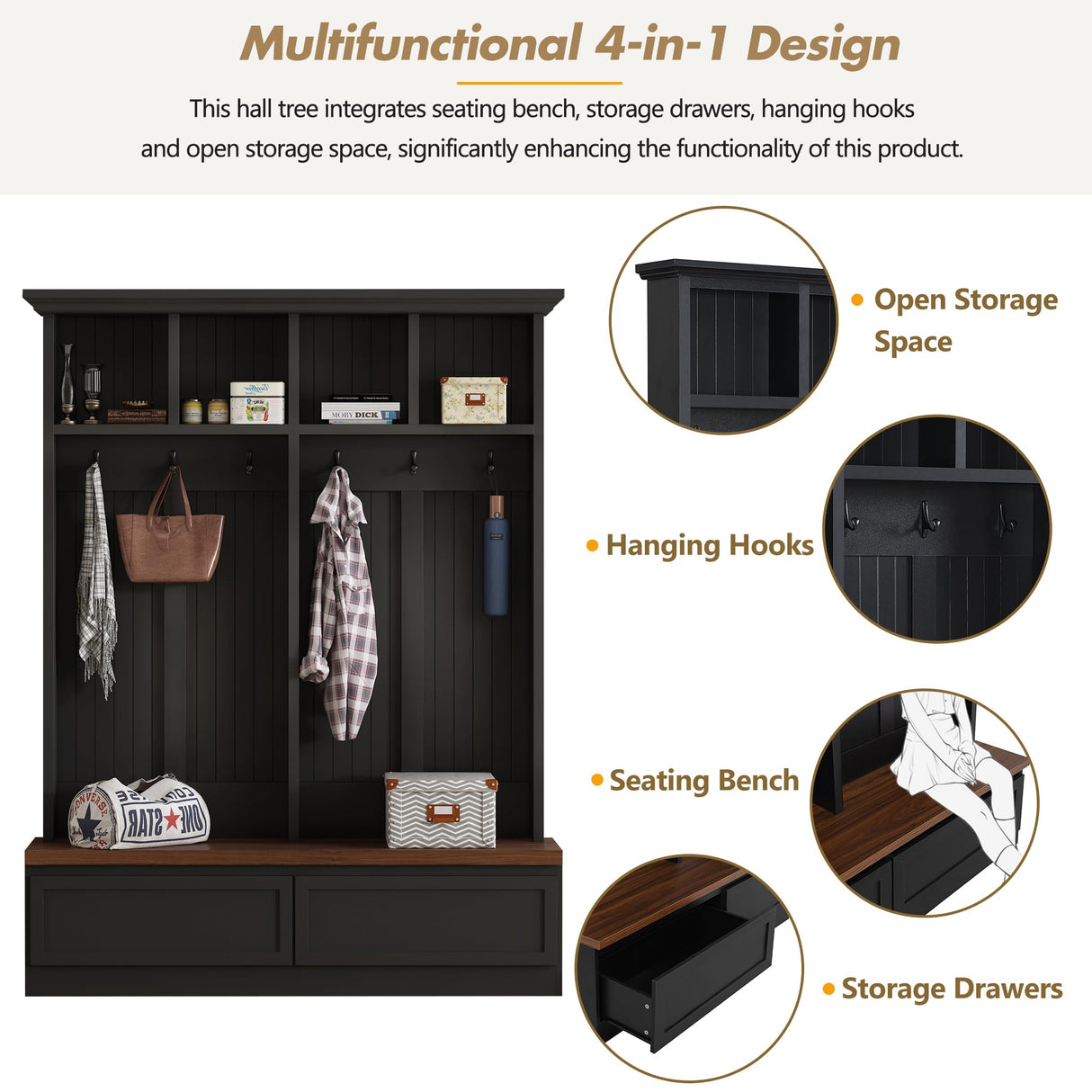 LUMISOL Farmhouse Hall Tree with Wood Grain Storage Bench, 4-in-1 Mudroom Coat Rack with Open Compartments and 2 Large Drawer, Entryway Shoe Cabinet with 6 Hanging Hooks for Hallway, Black LUMISOL