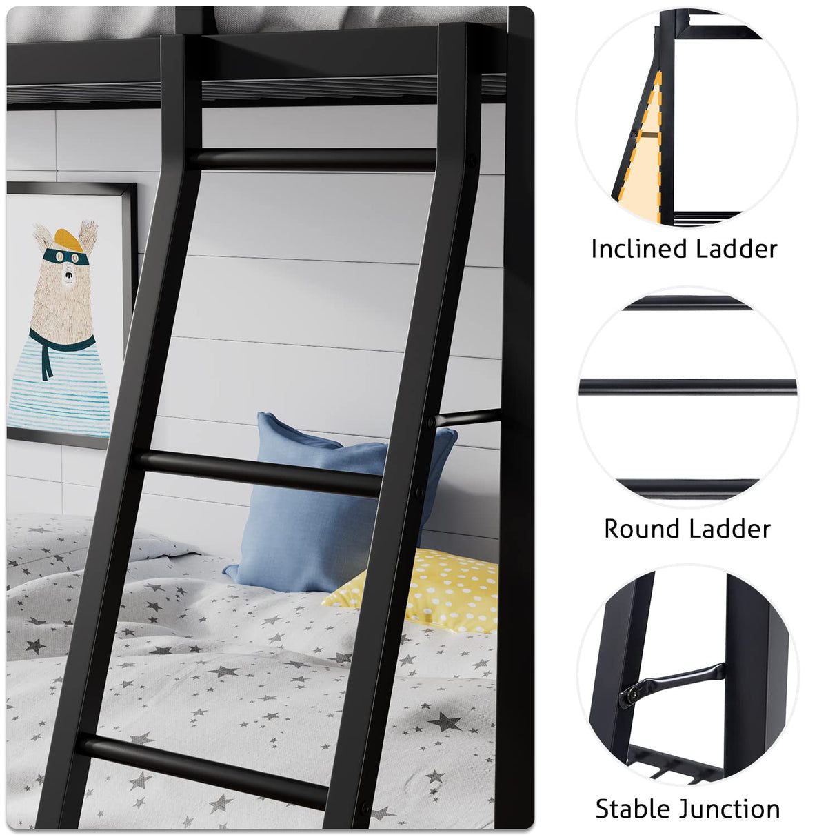 SHA CERLIN Industrial Twin Over Twin Metal Bunk Bed with Inclined Ladder & Guardrails, Black SHA CERLIN