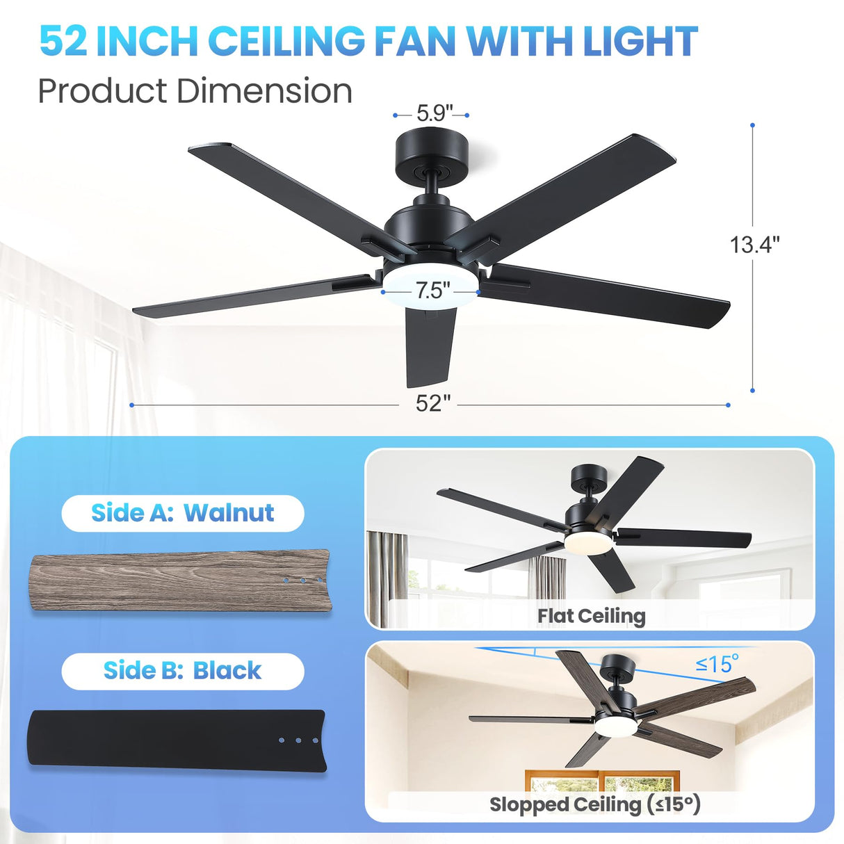 DSNAPE 52 Inch Black Ceiling fan with Lights, Ceiling Fan with Lights and Remote/APP Control, Reversible, Dimmable, 3CCT, Quite Ceiling fan for Living Room, Bedroom, Indoor Outdoor Use DSNAPE
