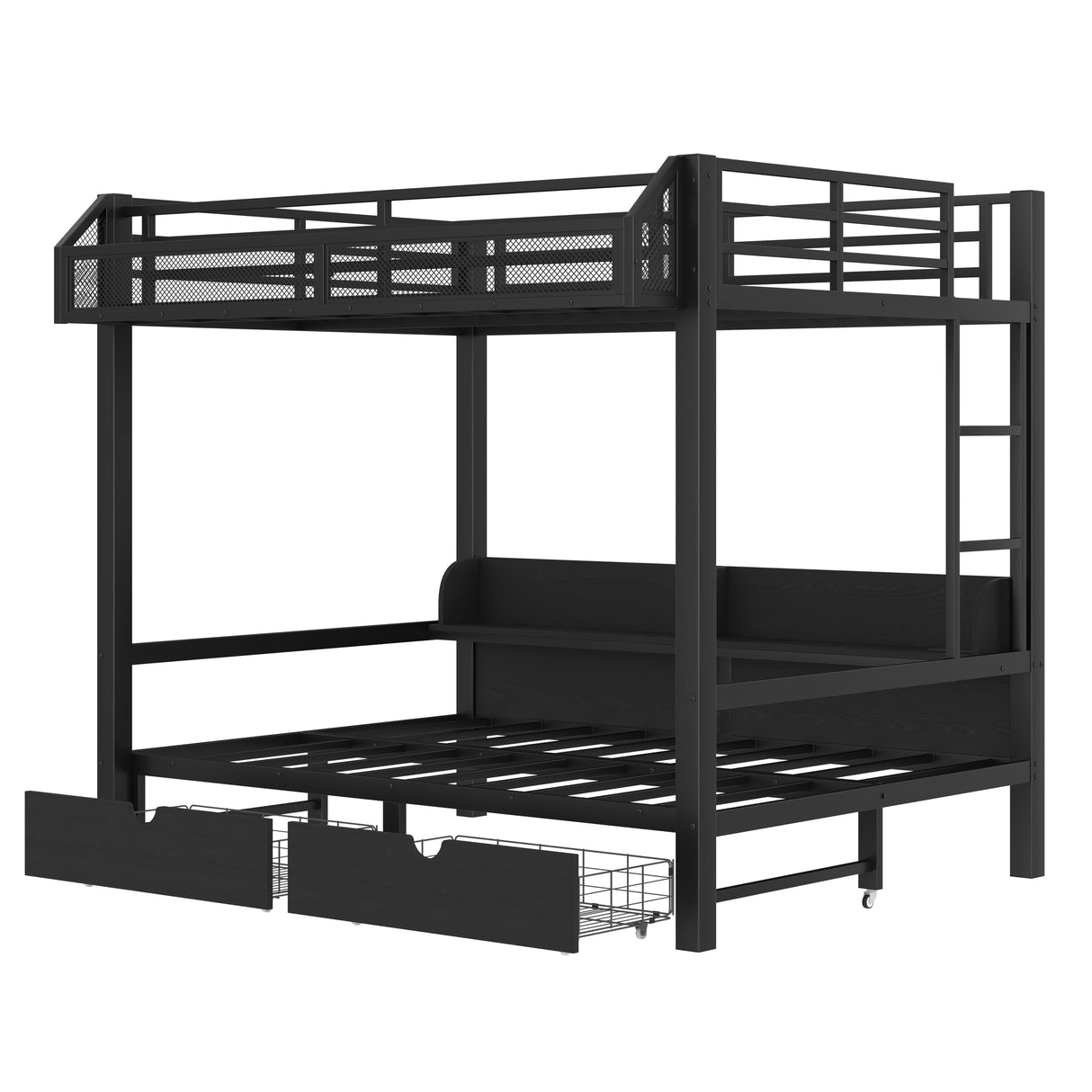 Full over Full Bunk Bed with Storage Drawers and Shelves, Metal Bunk Beds with USB Ports and LED Lights, Lower Bed that can be converted into a sofa for Bed Room,Guest Room,Dormitory.(Black) Harper & Bright Designs
