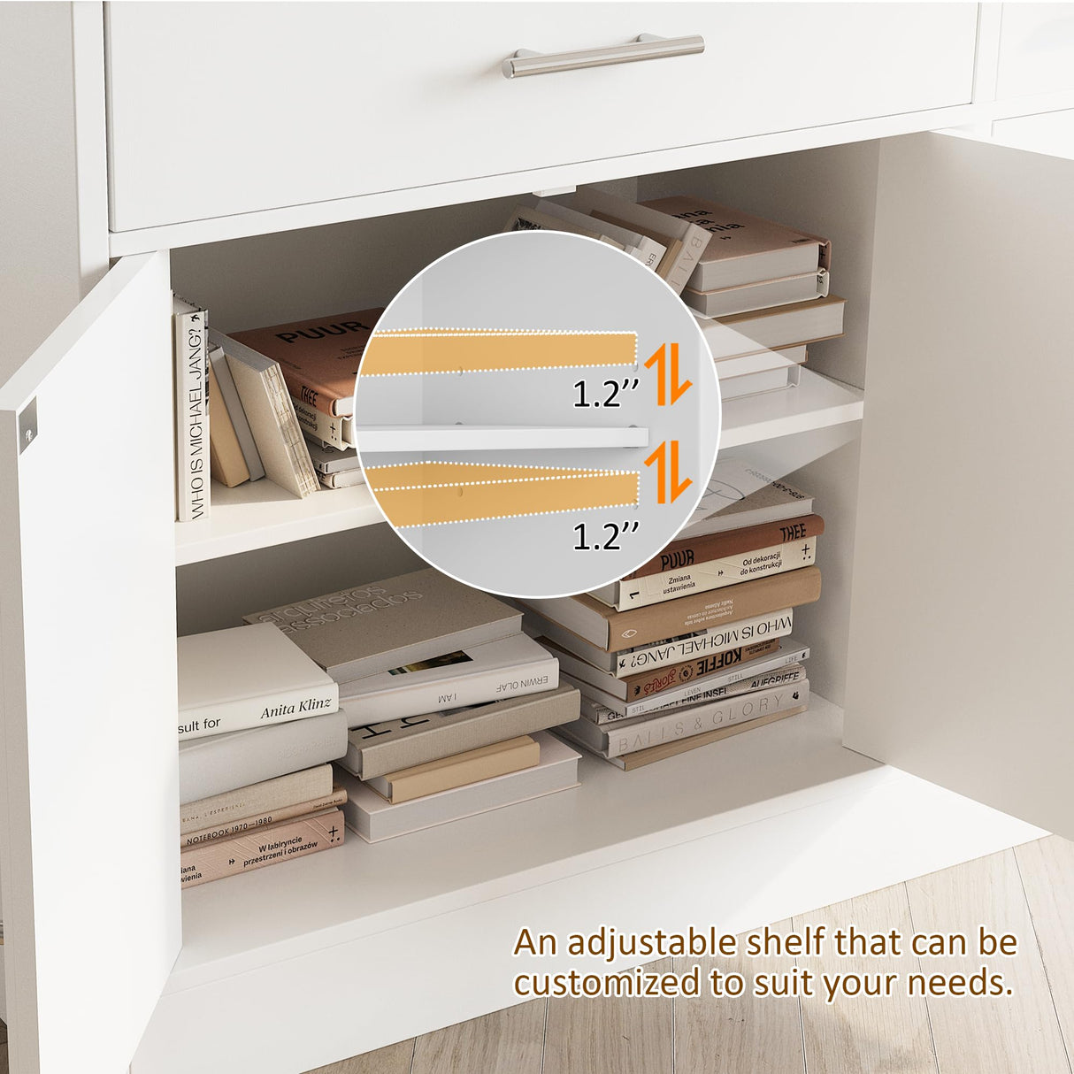 Vongrasig 43” Sideboard Buffet Cabinet with Storage, Farmhouse Coffee Bar with Drawers and Shelves, Wood Buffet Table for Kitchen, Dining Room, White Vongrasig