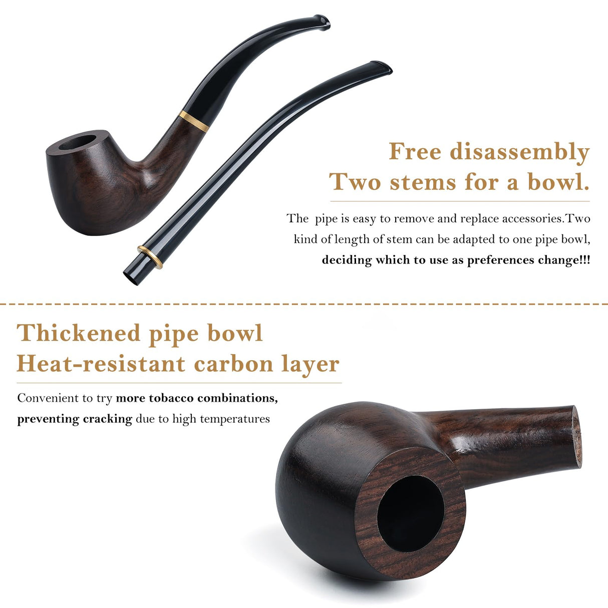 Joyoldelf Ebony Tobacco Pipe Set - Handmade Smoking Pipe with Replaceable Stem, Wood Pipe with Pipe Stand, 9mm Filter and Smoking Accessories, Pipe Starter Kit with Gift Box for Beginner Joyoldelf
