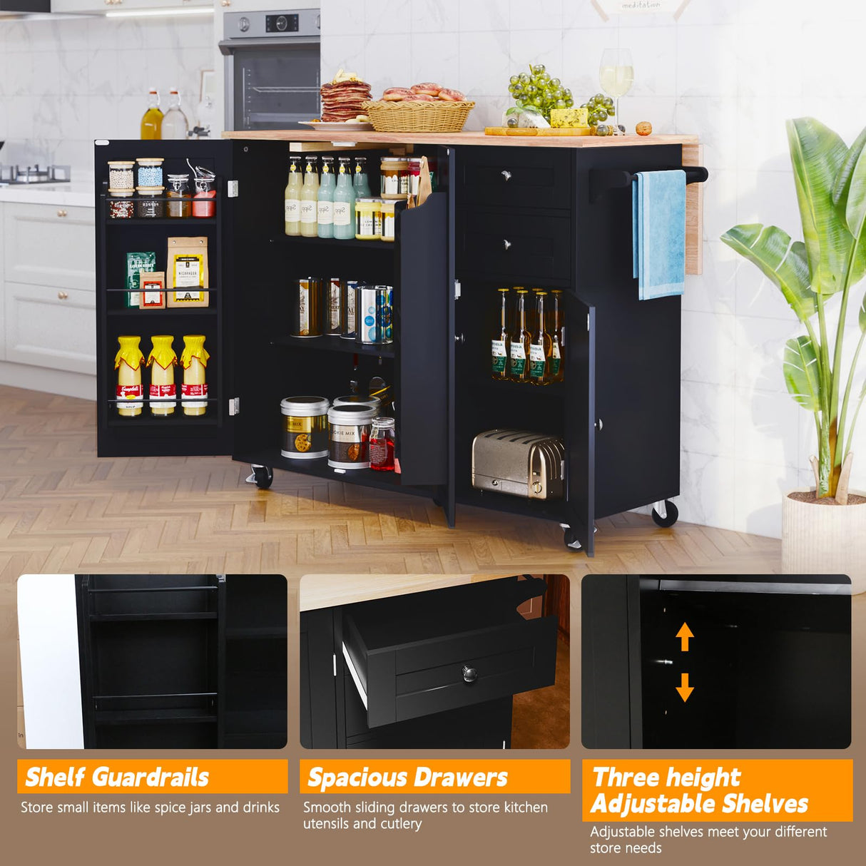 HLR Kitchen Island with Storage, Rolling Kitchen Island on Wheels with Drop-Leaf Bar Countertop, Island Table for Kitchen with Side Open Spice Rack and Tower Rack, Extra Storage for Kitchen HLR