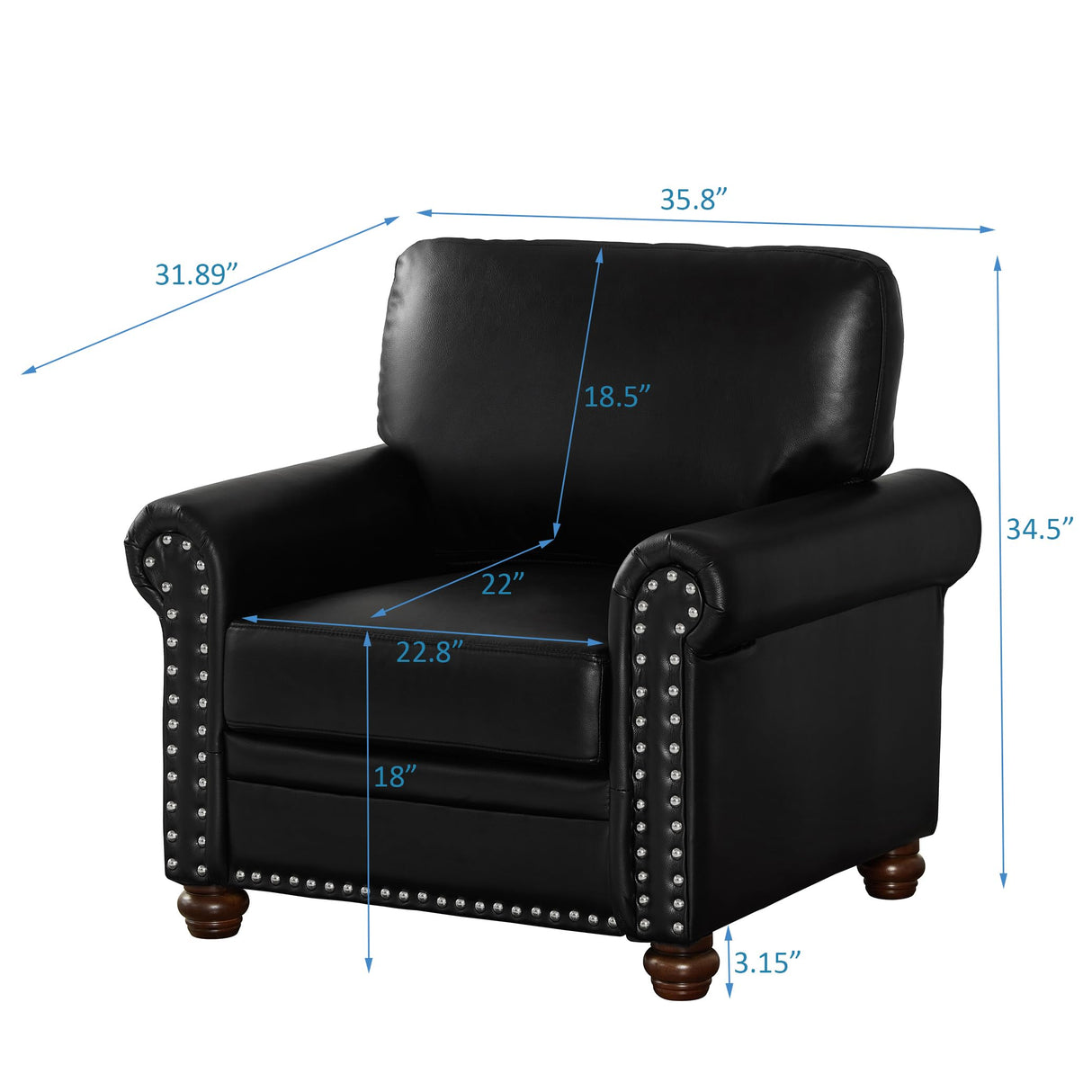 Lunanniu 35" Faux Leather Pu Armchair Classic Vegan Leather Accent Chair Elegance Single Seat with Rolled Armrests Nailhead Trim Wood Legs Traditional Living Room 1 Seat-Black Lunanniu