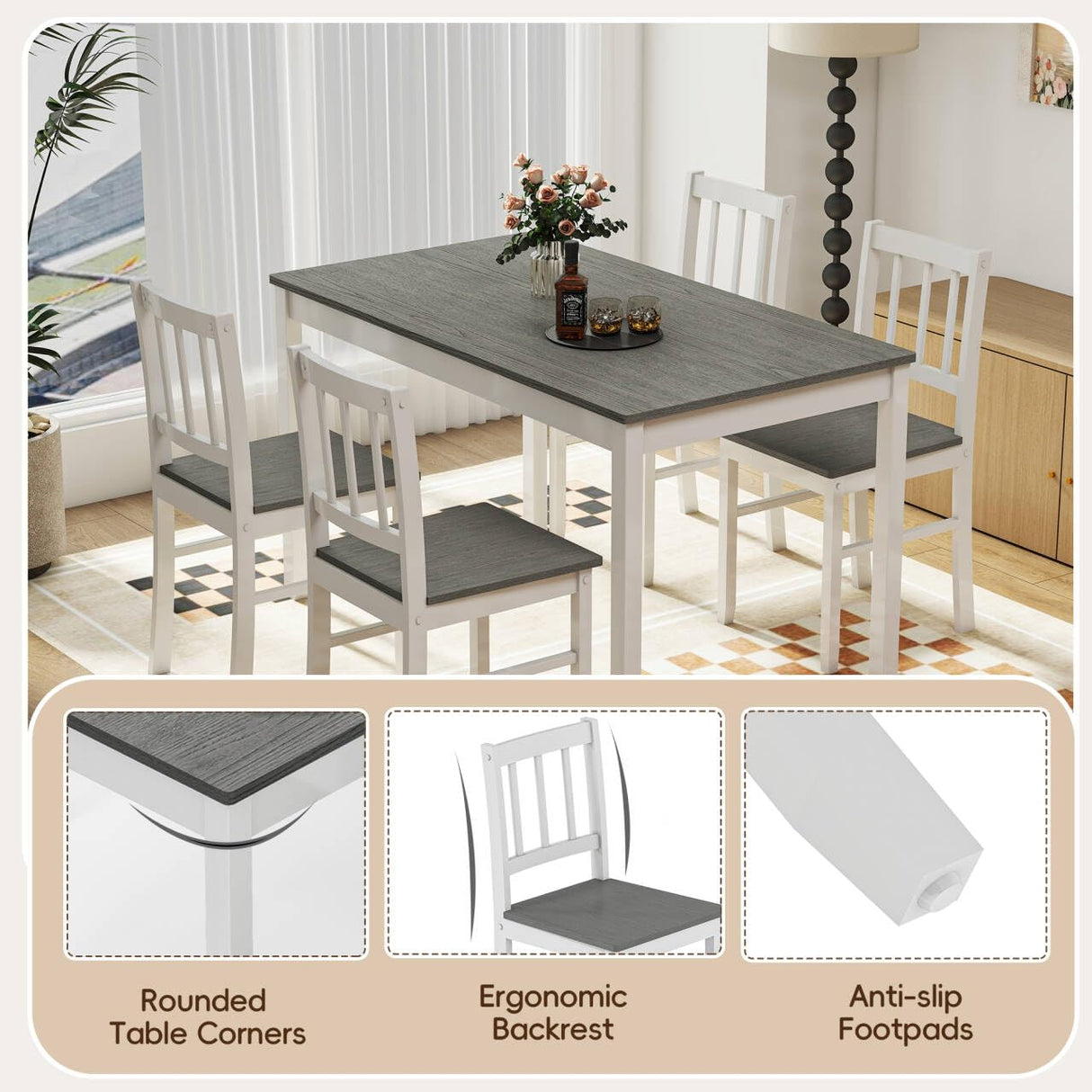 Buytime 5-Piece Dining Table Set for 4, Solid Wood Farmhouse Rectangular Kitchen Table Set with 4 Chairs, Space-Saving Wooden Dinette Set for Small Space, Dining Room, Breakfast Nook, Grey & White Buytime