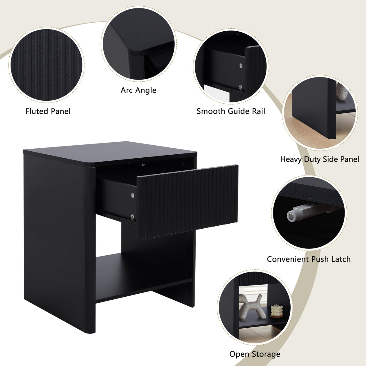 affeivul Modern Night Stand Set 2 with Drawer, Black Nightstand for Bedroom, Small End Table with Storage, Living Room/Bed Side Table with Drawer for Small Spaces, Fluted Cabinet Wood Nightstand affeivul