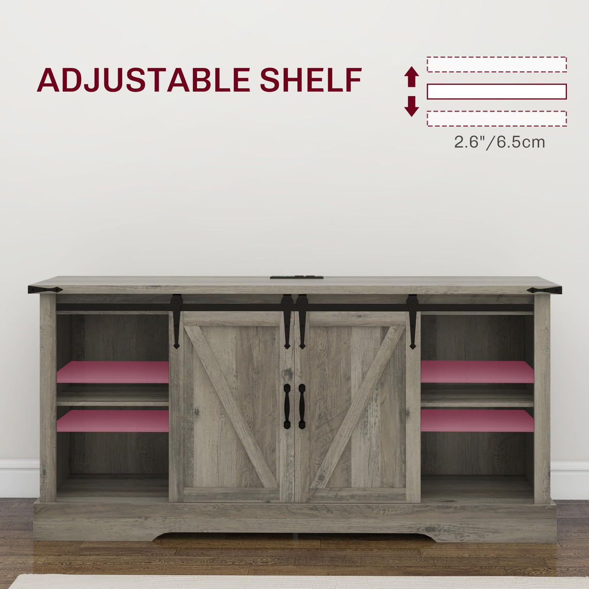 HOMCOM TV Stand Cabinet for TVs up to 65 Inch, Entertainment Center with Charging Station, 59" Farmhouse Media TV Console Table with Sliding Barn Doors, Adjustable Shelves, Gray HOMCOM