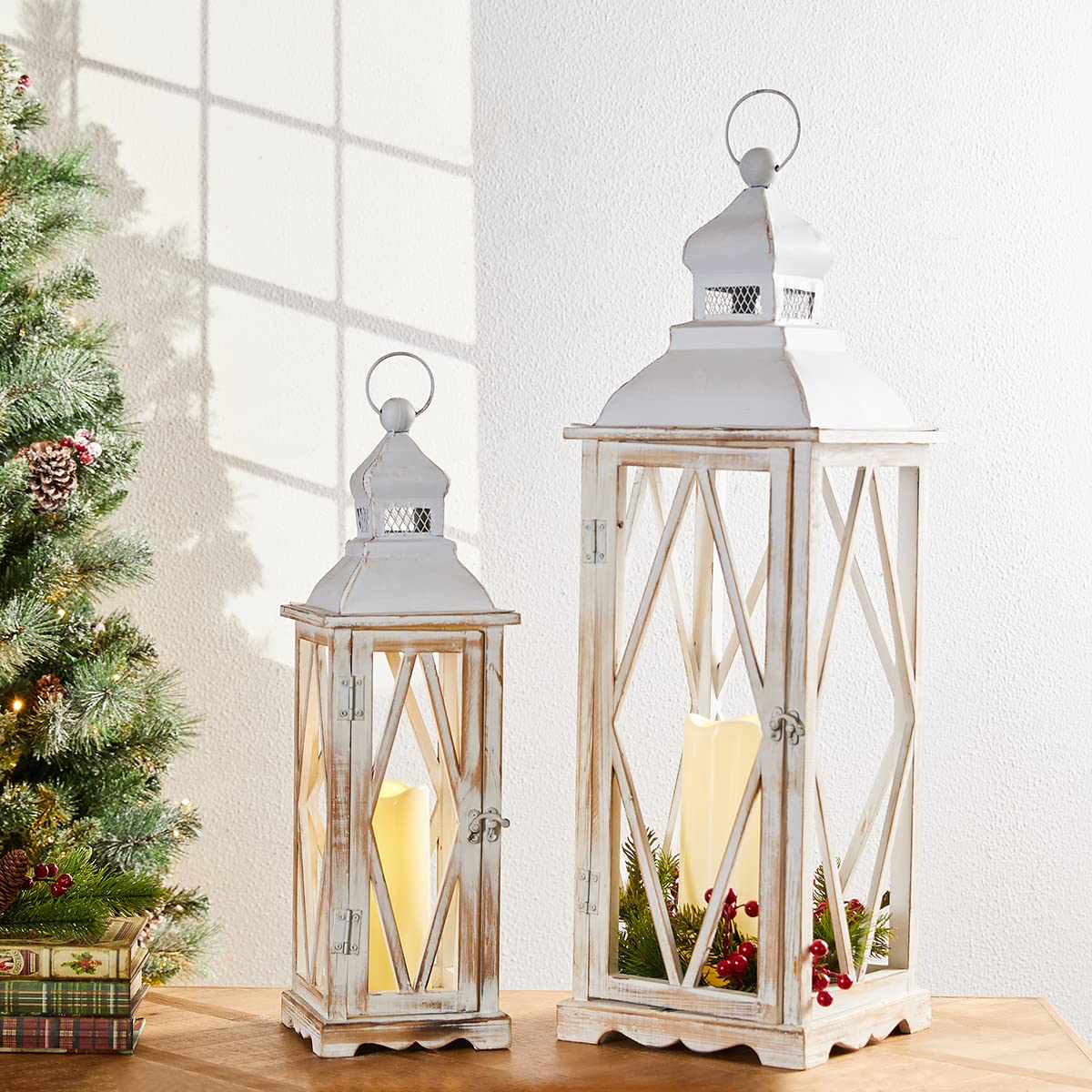 Glitzhome Large Farmhouse Wooden Metal Lantern Set of 2, 28.74" H/20.47" H Rustic Decorative Floor Candle Lanterns, Distressed Hanging Lanterns for Home Décor White (No Glass) Glitzhome