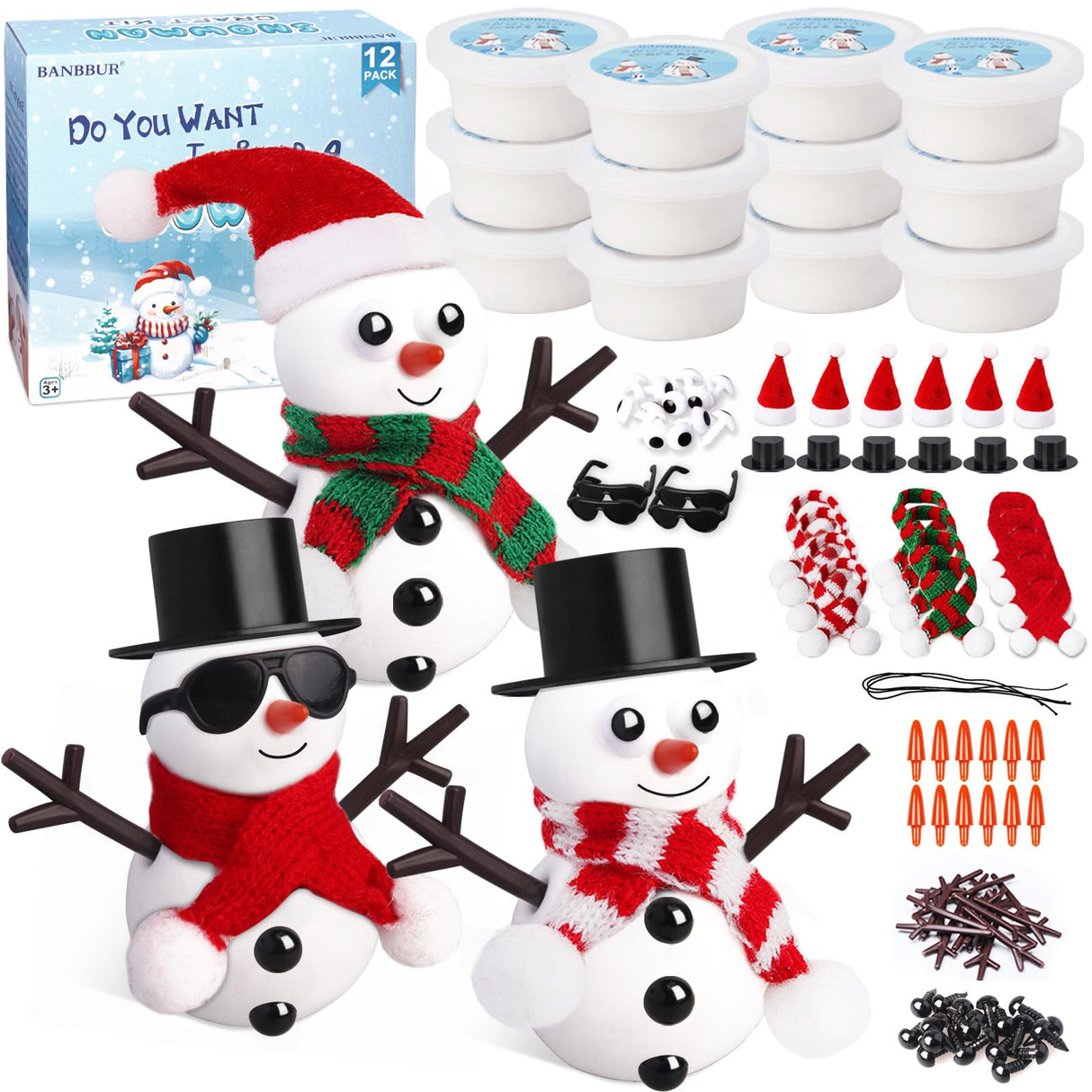 BANBBUR 12 Pack Christmas Stocking Stuffers for Kids,Christmas Crafts for Kids,Modeling Clay DIY Build a Snowman Crafts Kit Bulk Christmas Gifts Activities BANBBUR