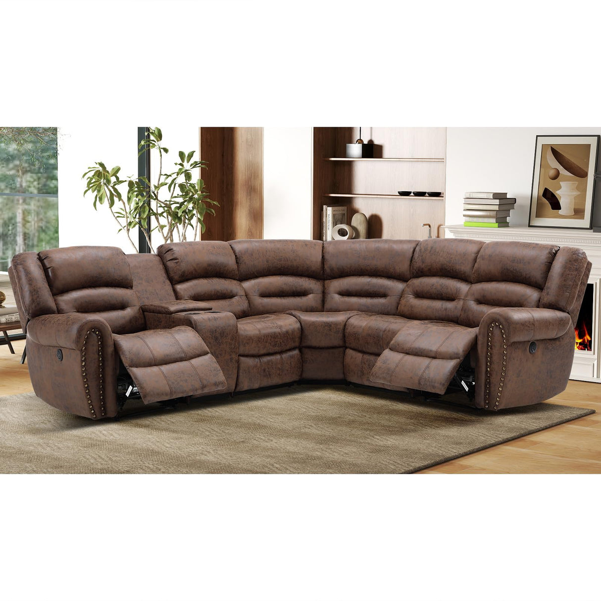 EBELLO L-Shaped Power Reclining Sectional Couch for Living Room, Faux Leather Recliner Sofa Set Corner Sectional Couch Home Furniture Set, with Storage Console and Cup Holders, USB Port, Coffee Brown EBELLO
