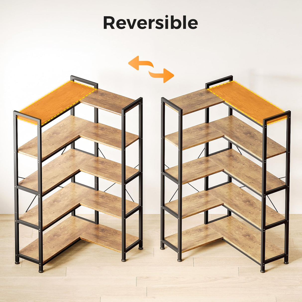 Casaottima Corner Bookshelf 5 Tier, 57 Inches Reversible Book Shelf for Living Room, Industrial Wooden Bookcase with Open Shelves and Metal Frame for Bedroom, Home Office, Kitchen, Rustic Brown Casaottima