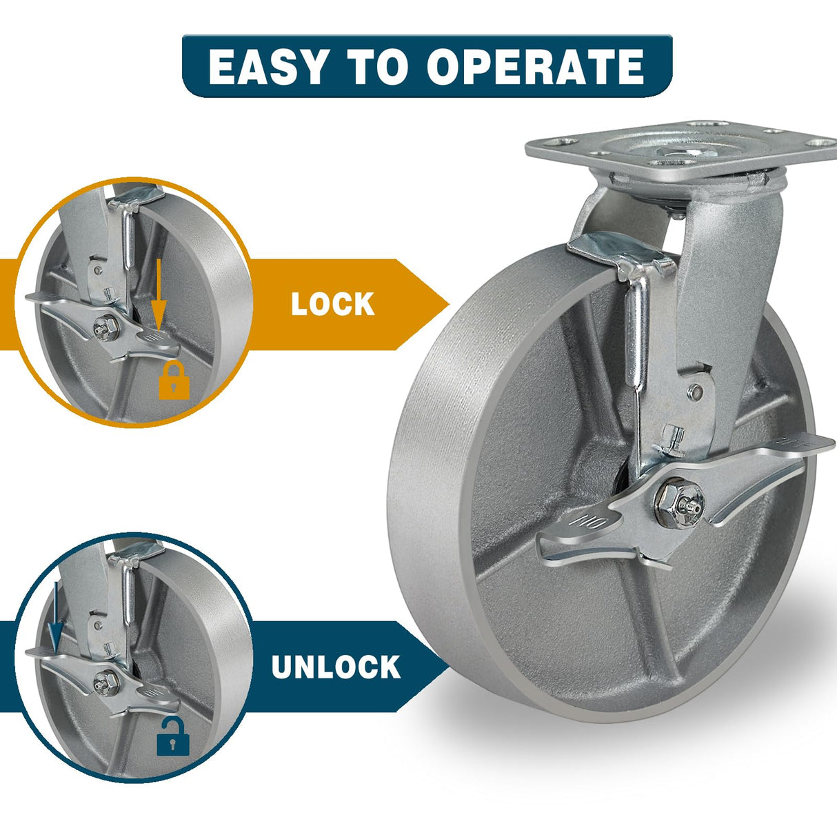 CWfutureparts 8" x 2" Caster Wheels, Heavy Duty Industrial Casters, Brake Caster Wheels with Roller Bearing - Semi Steel Cast Iron Wheels - 5200 Lbs Capacity Per Set of 4 CWfutureparts
