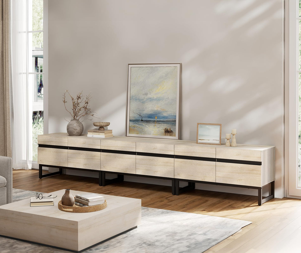 WAMPAT Modern TV Stand with Storage Cabinets for 110 Inch TV, Wood TV Entertainment Center TV Media Console Table with Metal Leg for Living Room,Light Oak WAMPAT