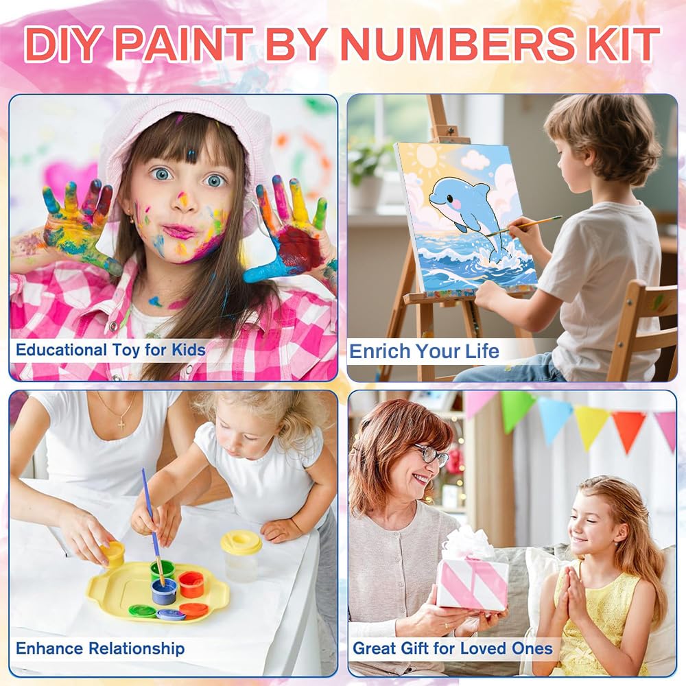 WEMEON Dolphin Paint by Numbers Kit for Kids with Frame and Easel, Easy Paint by Numbers Kits for Kids Ages 4-6, Small Painting by Number for Birthday Gift, Painting Party(10X10inch) WEMEON
