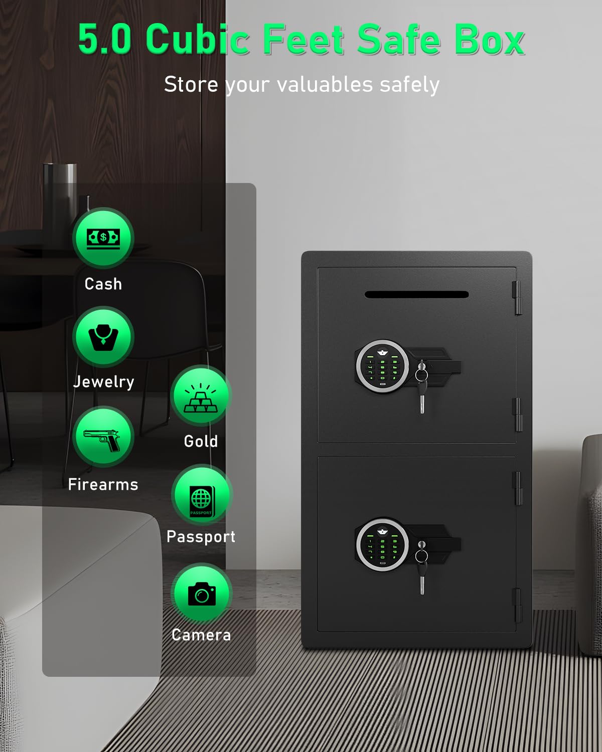 Omethey 5.0 Cu ft Extra Large Safe Fireproof Waterproof, Digital Security Safe Box with Deposit Slot & Metal Storage Box with Backlit Keypad & Dual Alarm for Home Office Omethey