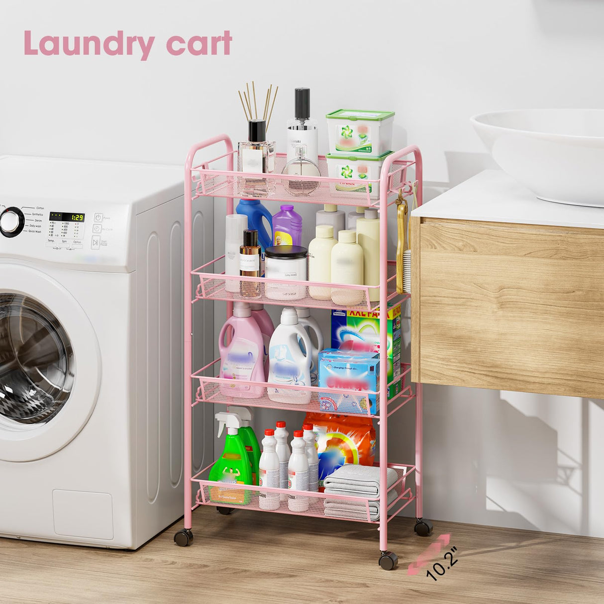 TOOLF 4 Tier Rolling Utility Cart - Durable Metal Design Pink Utility Cart, Storage Trolley on Wheels with 3 Hooks, Perfect for Kitchen, Bathroom & Laundry Room Organization TOOLF